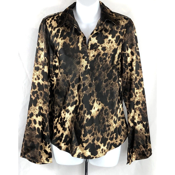 Vintage Satin top S leopard cheetah flare long sleeve whimsigoth Glam grunge 90s - Picture 1 of 5